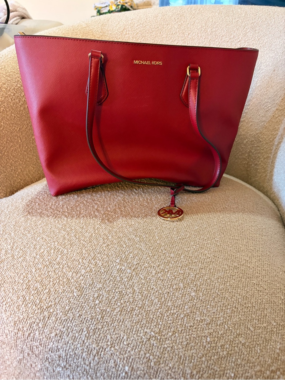 Michael Kors Red Saffiano Leather Tote with Gold Charm - Picture 4 of 4